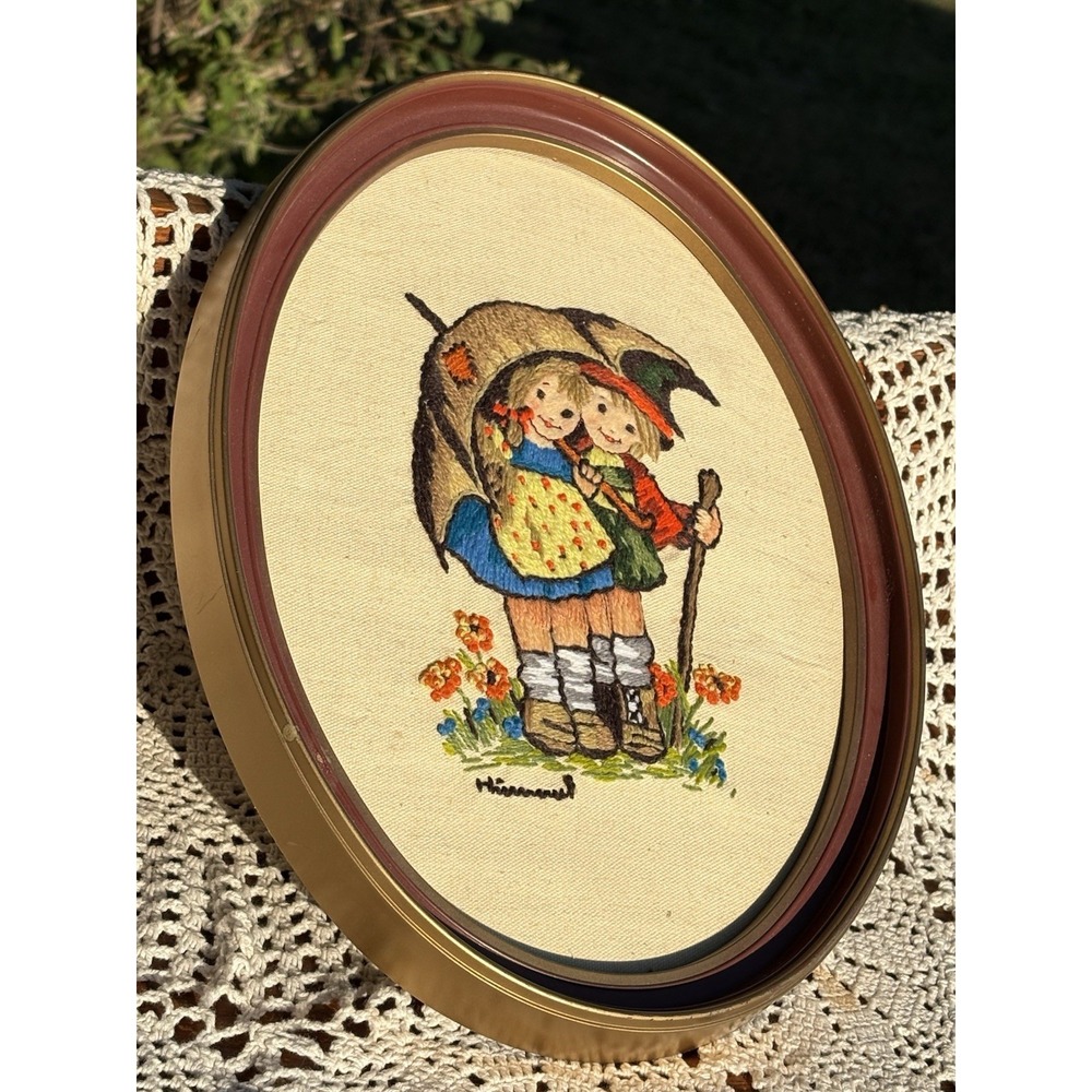 Vintage Hummel Needlepoint Crewel Framed Art Children Umbrella Rainy Day 13"